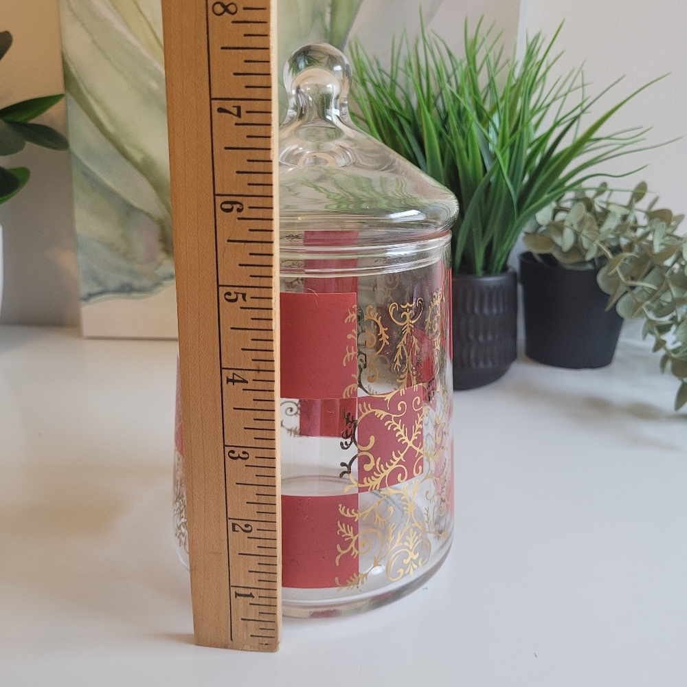 Vintage MCM Glass Apothecary Jar Cannister with Lid Red Squares Gold Accents 60s